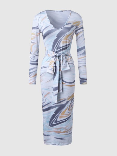 

Printed Slim Fit V Neck Dress, Flower, Midi Dresses