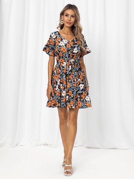 

Floral Crew Neck Short Sleeve Weaving Dress, Black, Dresses