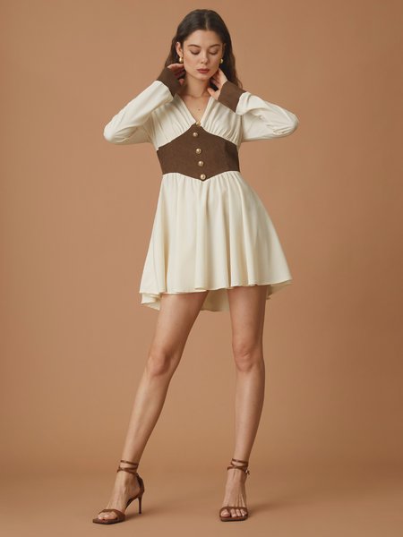 

Casual Puff Sleeve Patchwork Dress, Apricot, Mini Dresses