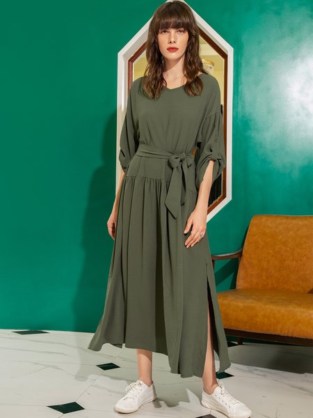

Daily V neck Long Sleeve Casual Shift Silk-Chiffon Dress, Green, Maxi Dresses