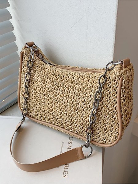 

Woven one-shoulder beach vacation bag, Khaki, Shoulder Bags