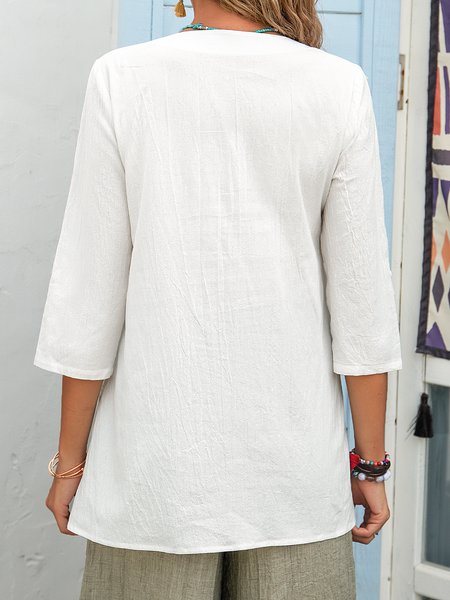

V Neck Asymmetric Plain Vintage T-shirt, White, Blouses & Shirts