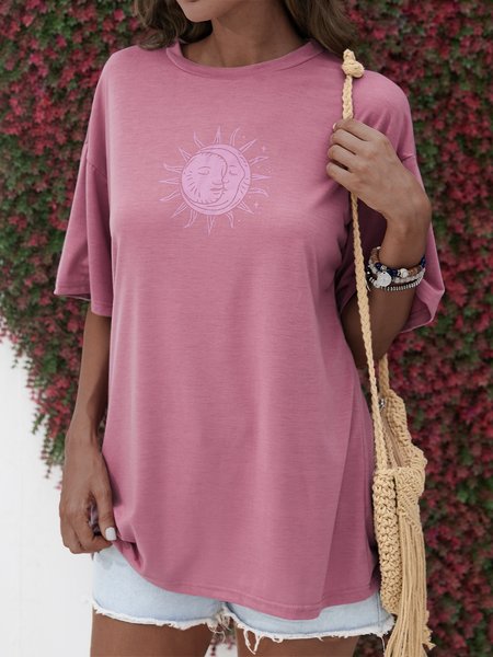 

Sun Moon Printed Short Sleeve Loose Comfort T-Shirt, Purple, T-Shirts