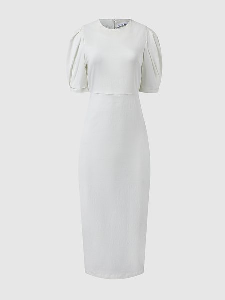 

Regular Fit Solid Crew Neck Weaving Dress, White, Midi Dresses