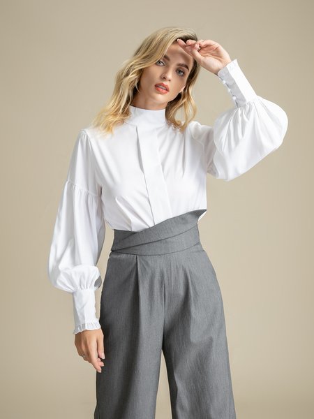 

Solid Long Sleeve Shift Stand Collar Top, White, Blouses and Shirts
