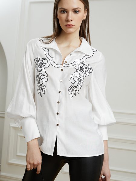 

Floral Regular Fit Elegant Shirt Collar Shirt, White, Tops