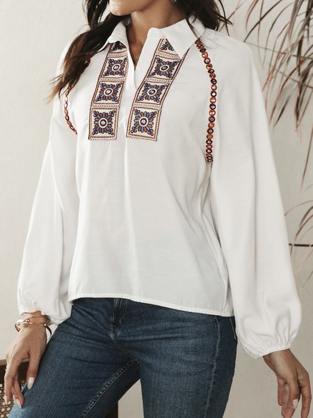 

Boho Tribal Embroidered Long Sleeve Shirts & Tops, White, Blouses & Shirts