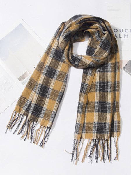 

Imitation cashmere acrylic fringed plaid small scarf, Yellow, Women Scarves & Shawls