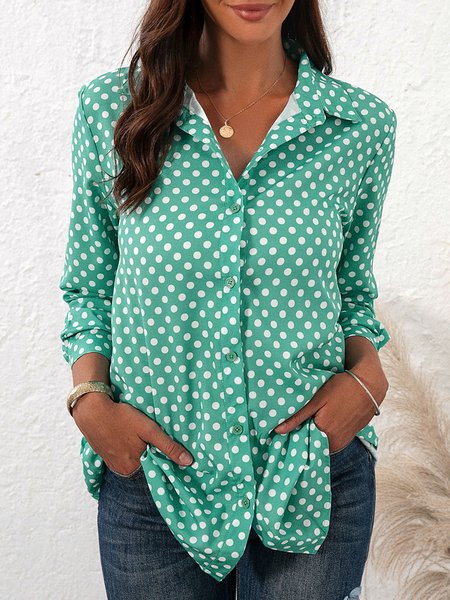 

Long Sleeve Polka Dots Shirt Collar Shirts & Tops, Green, Blouses & Shirts