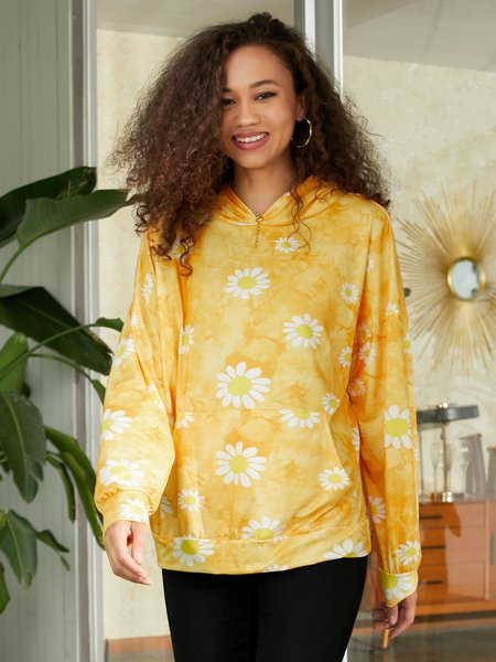 

Cotton blended long sleeve hooded floral print sweater, Yellow, Sweatshirts & Hoodies