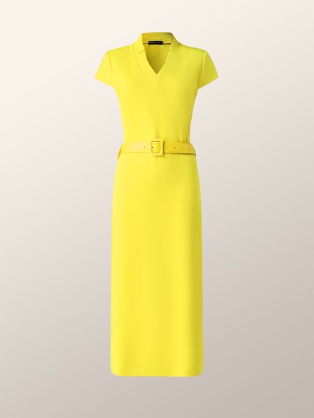

V Neck Elegant Short Sleeve Dress With Belt, Yellow, Dresses