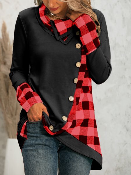 

Sweet Checkered/Plaid Cowl Neck Cotton Shirts & Tops, Red, Blouses & Shirts
