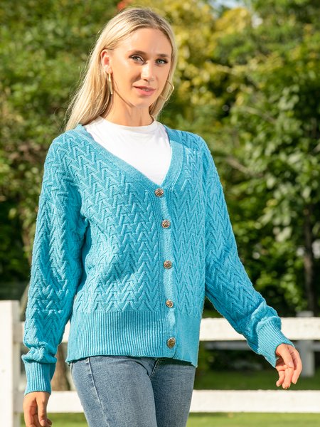 

Blue Casual Ribbed Cuffs & Hem Long Sleeve V-Neck Sweater Outerwear, Outerwear