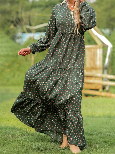 

Manica a Palloncino Floreale Abito, Verde, Maxi Dresses