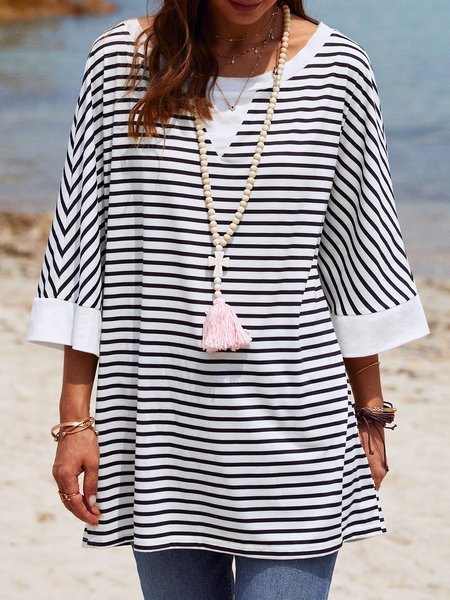 

Half Sleeve Stripes Paneled Casual Tops, As picture, Tees & T-shirts
