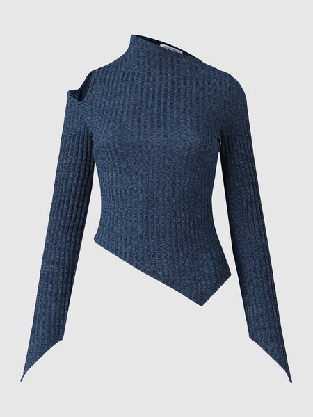 

Asymmetrical Neck Solid T-shirt, Blue, Tees