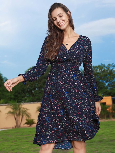 

V Neck Elegant Floral Dresses, Dark blue, Floral Dresses