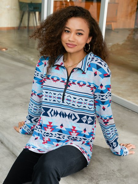 

Turtleneck Long Sleeve Boho Zipper Sweatshirt, Blue, Sweatshirts & Hoodies