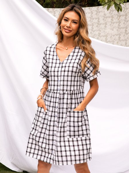 

Short Sleeve Holiday A-Line Weaving Dress, Black-white, Dresses