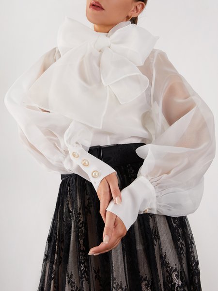 

Long Sleeve Solid Loosen Elegant High Neck Top, White, Tops