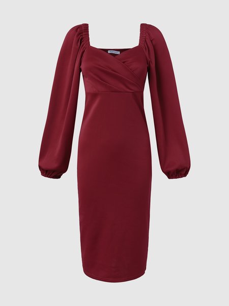 

V Neck Bishop Sleeve Elegant Dress, Wine red, Midi Dresses