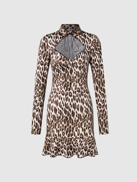 

Stand Collar Slim Fit Knitting Dress, Leopard, Mini Dresses