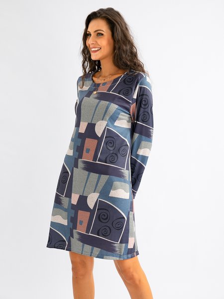

Cotton blend round neck printed long sleeve knitted dress, Gray, Casual Dresses