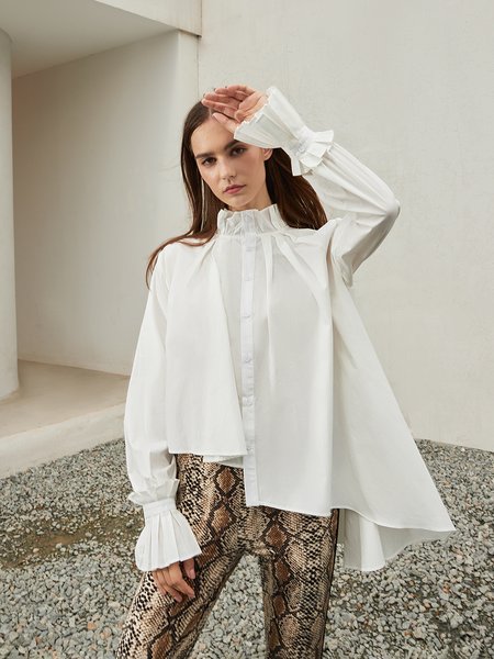 

Stand Collar Solid Work Long Sleeve Shirt, White, Blouses and Shirts