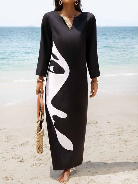 

Printed Casual Long Sleeve Cotton-Blend Weaving Dress, Black, Casual Dresses