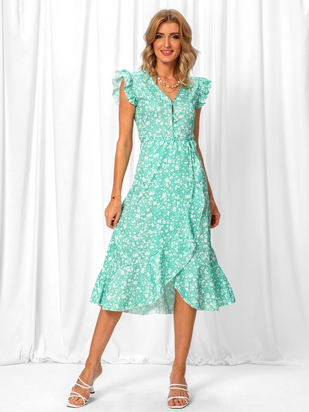 

Floral Short Sleeve A-Line Weaving Dress, Green, Dresses