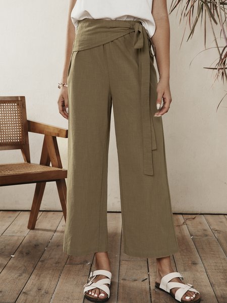 

Lace-Up Long Sleeve Linen Casual Pants, Brown, Pants