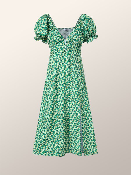 

Puff Sleeve V Neck Elegant Floral Dresse, Green, Maxi Dresses