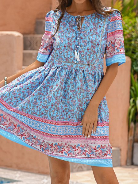 

Floral Short Sleeve Boho Weaving Dress, Blue, Floral Dresses