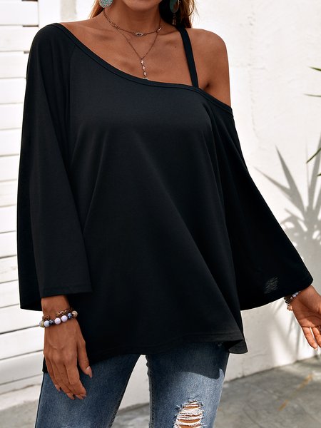 

One Shoulder Solid Half Sleeve Tops, Deep blue, Long sleeve tops