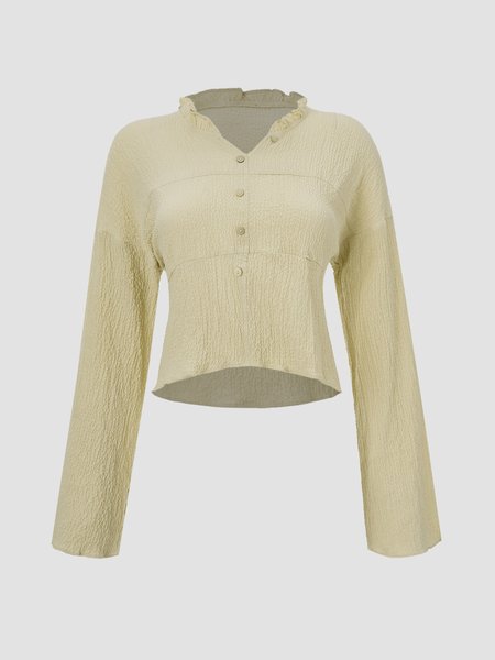 

New solid color Ruffle V-neck shirt loose and slim fashion long sleeve top, Apricot, Women's Clothing