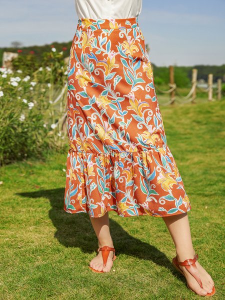 

Loosen Cotton Blends Elegant Skirts, Orange, Floral Dresses