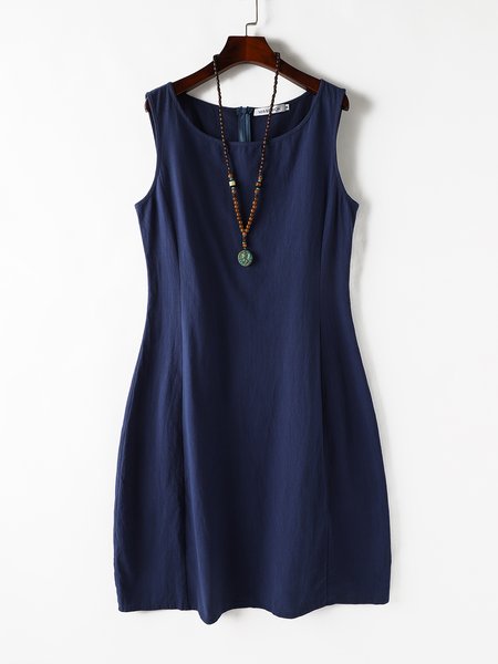 

Solid Crew Neck Cotton-Blend Sleeveless Weaving Dress, Deep blue, Casual Dresses