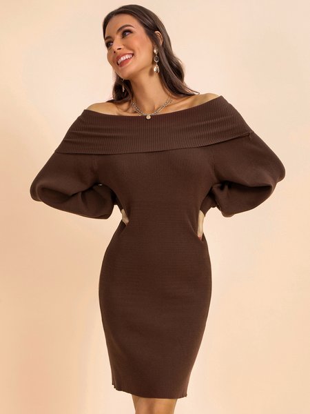 

Turtleneck Long Sleeve Vintage Sweater Dress, Brown, Casual Dresses