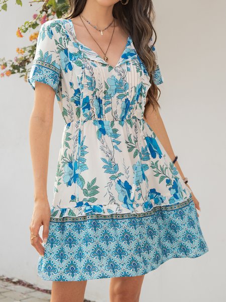 

Scollo a V Stampato Floreale A-line Gonna Casuale, Blu, Mini Dresses