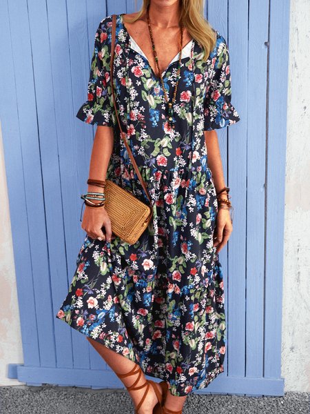 

Abito Scollo a V Jacquard Maniche Corte, Colore, Dresses