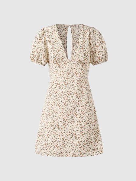 

V Neck Floral Slim Fit Elegant Dress, Beige, Mini Dresses