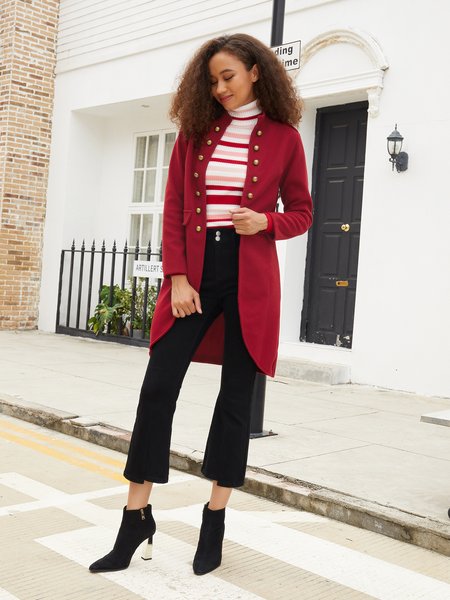 

Stand Collar Shift Buttoned Md-long Coat, Wine red, Coats