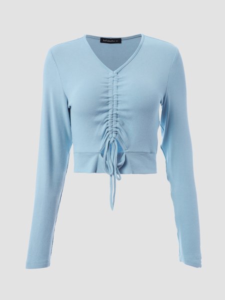 

Long Sleeve Casual Drawstring Shirts & Tops, Light blue, Long sleeve tops