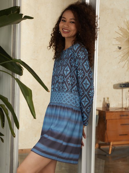 

New cotton blended long sleeve elastic knitted dress, Lightblue, Boho dresses