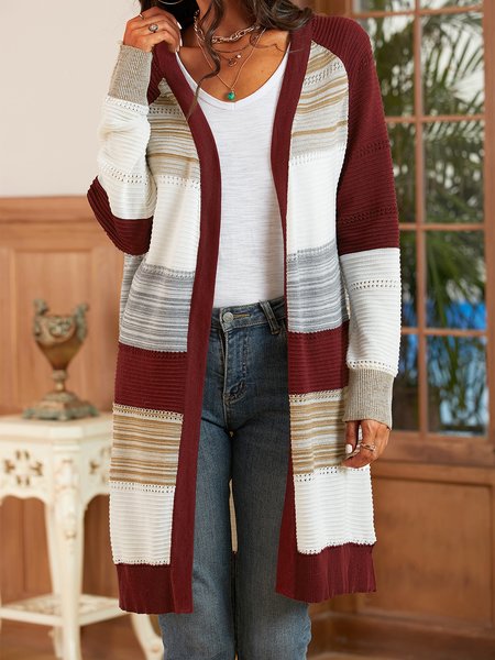 

Long Sleeve Striped Boho Acrylic Outerwear, Wine red, Cardigans