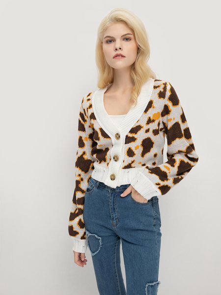 

Cotton Blends V Neck Casual Cardigan, Leopard, Cardigans