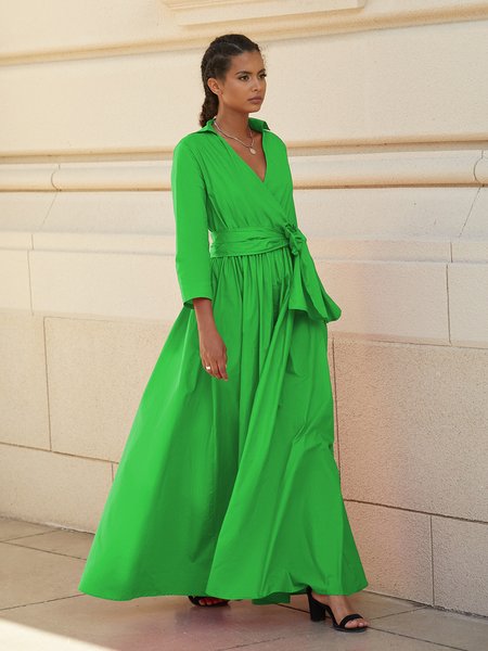 

A-Line 3/4 Sleeve Cotton Elegant Dress, Green, Maxi Dresses