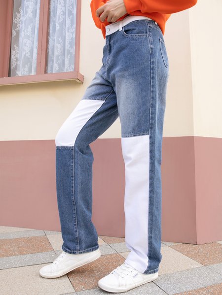 

A-Line Color-Block Denim Pants, As picture, Jeans