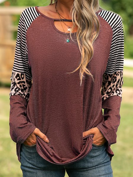 

Cotton-Blend Crew Neck Sexy Long Sleeve Shirts & Tops, Wine red, T-Shirts