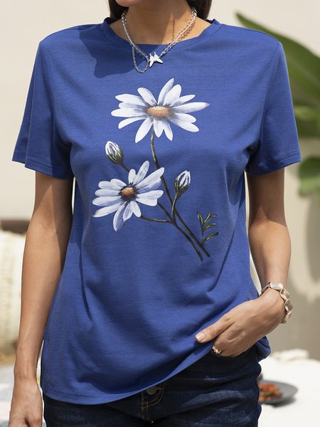 

Summer Holiday Floral-Print Short Sleeve T-Shirts & Tops, Deep blue, T-Shirts